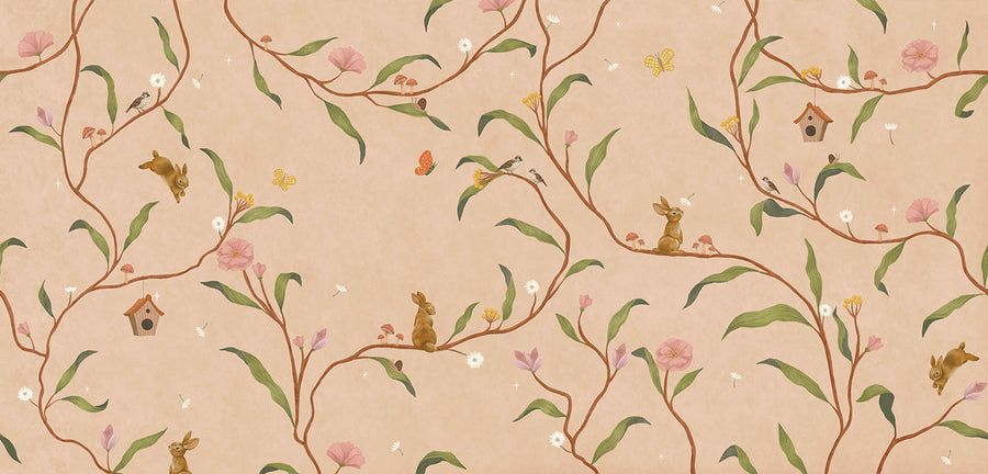 Warm neutral wallpaper of flowing branches with tiny rabbits, blossoms and birdhouses, from the Little Tails Collection by Urban Road.