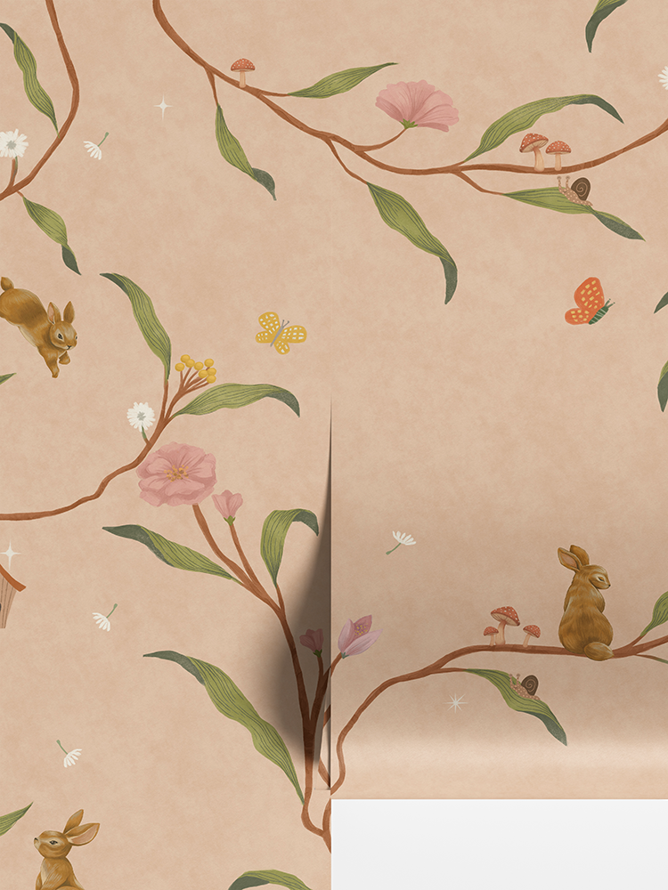 Warm neutral wallpaper of flowing branches with tiny rabbits, blossoms and birdhouses, from the Little Tails Collection by Urban Road.