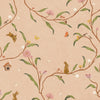 Warm neutral wallpaper of flowing branches with tiny rabbits, blossoms and birdhouses, from the Little Tails Collection by Urban Road.