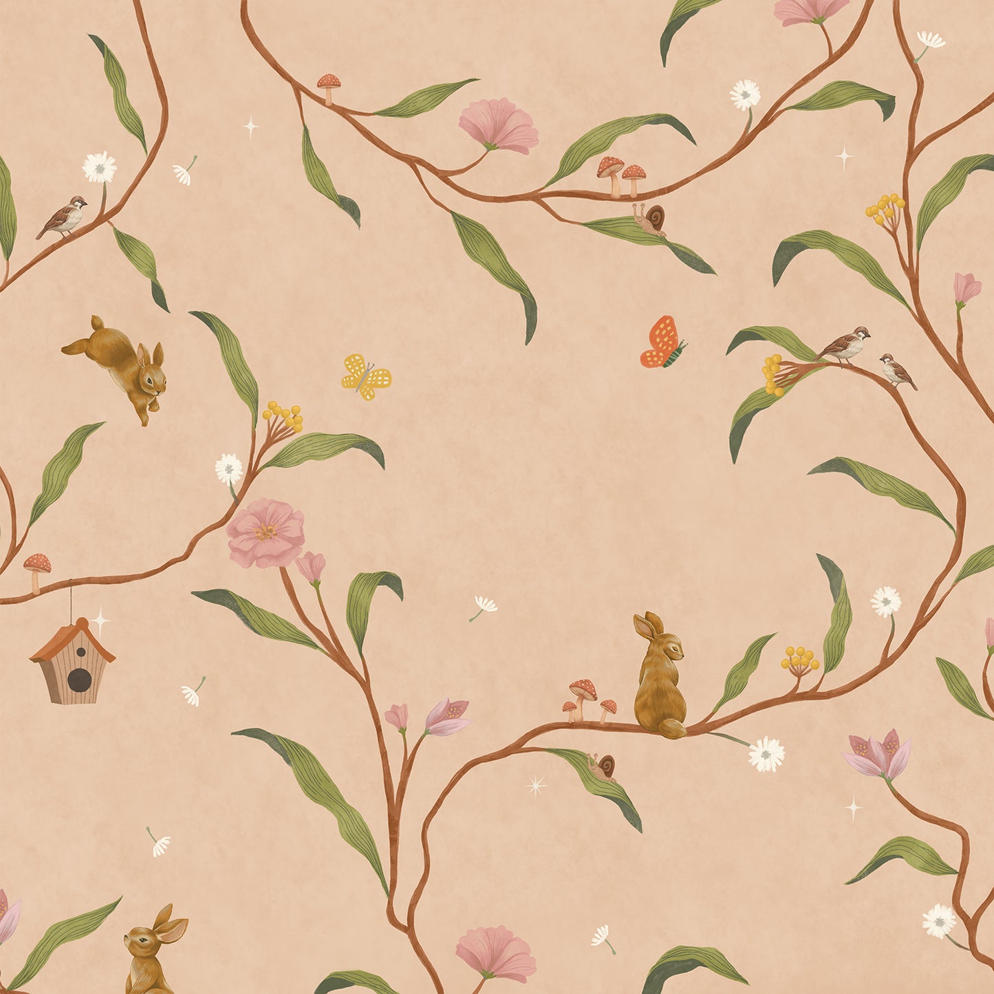 Warm neutral wallpaper of flowing branches with tiny rabbits, blossoms and birdhouses, from the Little Tails Collection by Urban Road.