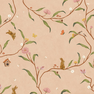 Warm neutral wallpaper of flowing branches with tiny rabbits, blossoms and birdhouses, from the Little Tails Collection by Urban Road.