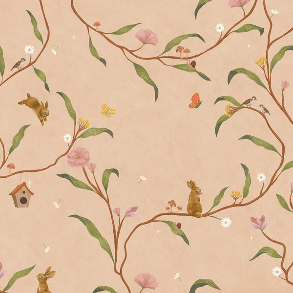 Warm neutral wallpaper of flowing branches with tiny rabbits, blossoms and birdhouses, from the Little Tails Collection by Urban Road.
