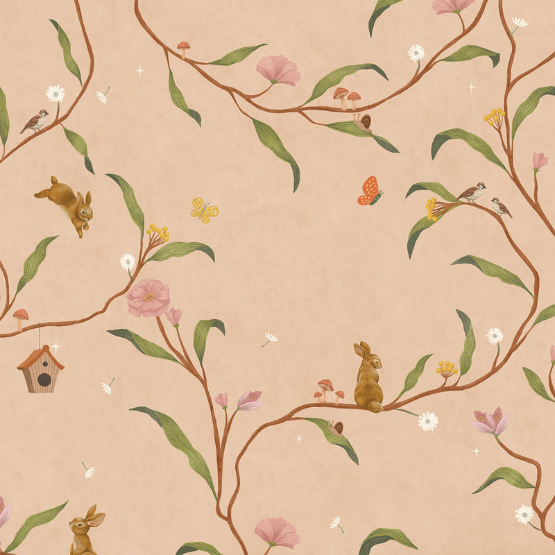 Warm neutral wallpaper of flowing branches with tiny rabbits, blossoms and birdhouses, from the Little Tails Collection by Urban Road.