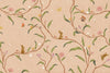 Warm neutral wallpaper of flowing branches with tiny rabbits, blossoms and birdhouses, from the Little Tails Collection by Urban Road.