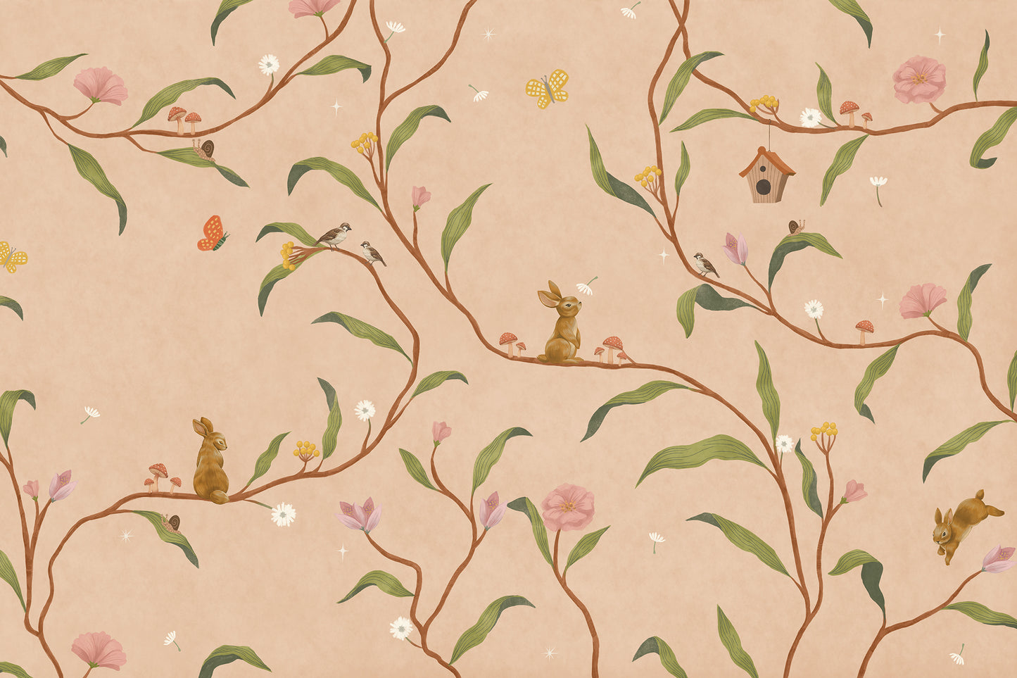 Warm neutral wallpaper of flowing branches with tiny rabbits, blossoms and birdhouses, from the Little Tails Collection by Urban Road.