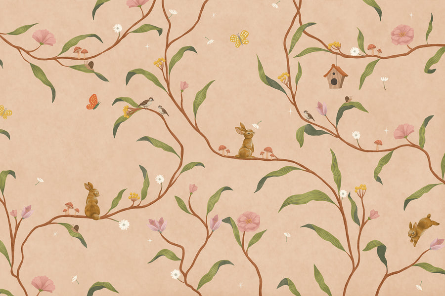 Warm neutral wallpaper of flowing branches with tiny rabbits, blossoms and birdhouses, from the Little Tails Collection by Urban Road.
