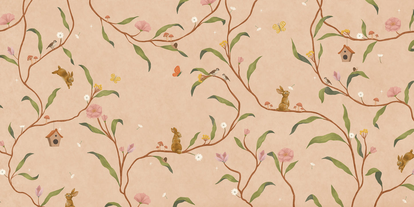 Warm neutral wallpaper of flowing branches with tiny rabbits, blossoms and birdhouses, from the Little Tails Collection by Urban Road.