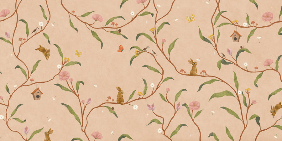 Warm neutral wallpaper of flowing branches with tiny rabbits, blossoms and birdhouses, from the Little Tails Collection by Urban Road.
