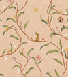 Warm neutral wallpaper of flowing branches with tiny rabbits, blossoms and birdhouses, from the Little Tails Collection by Urban Road.