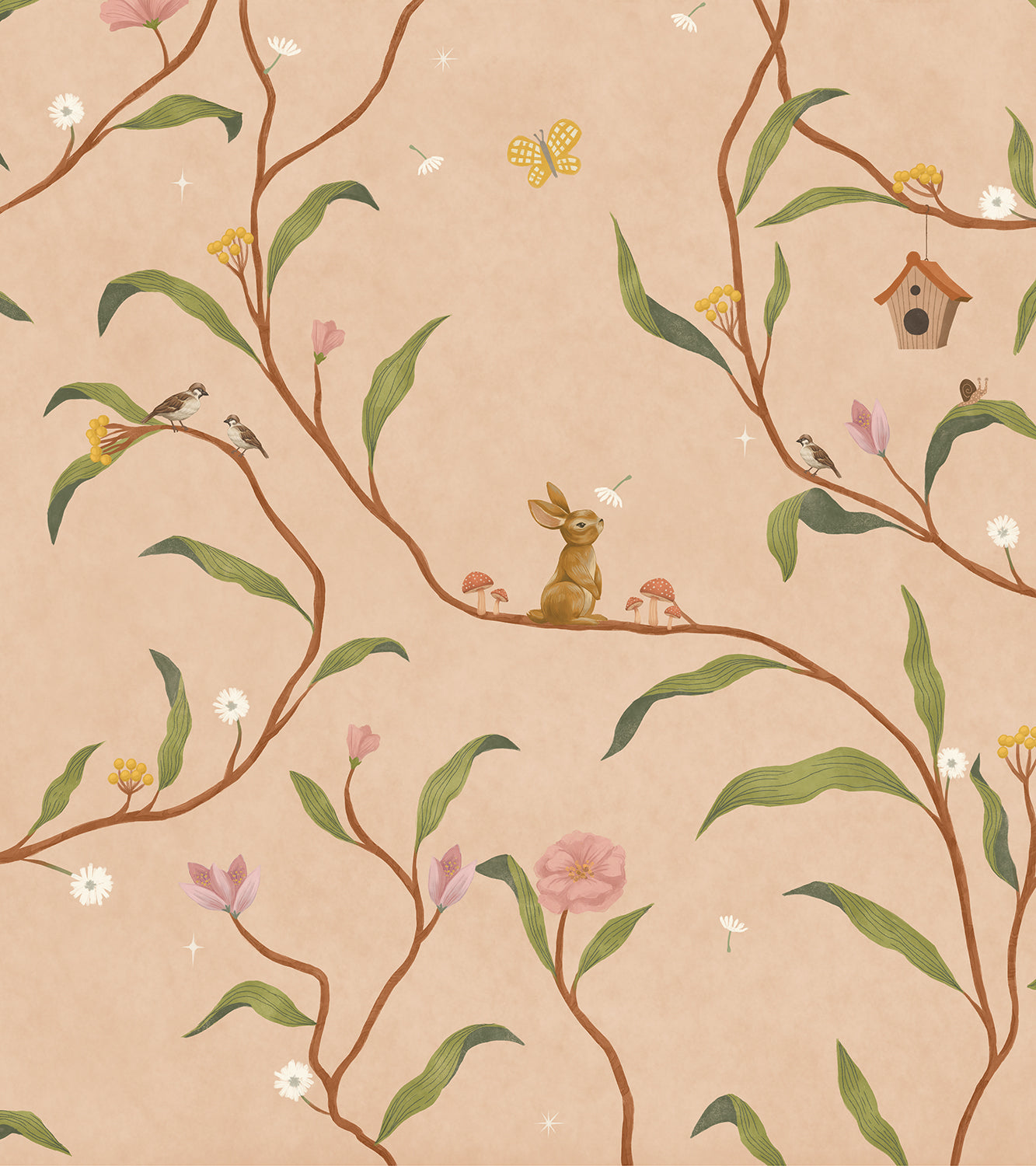 Warm neutral wallpaper of flowing branches with tiny rabbits, blossoms and birdhouses, from the Little Tails Collection by Urban Road.