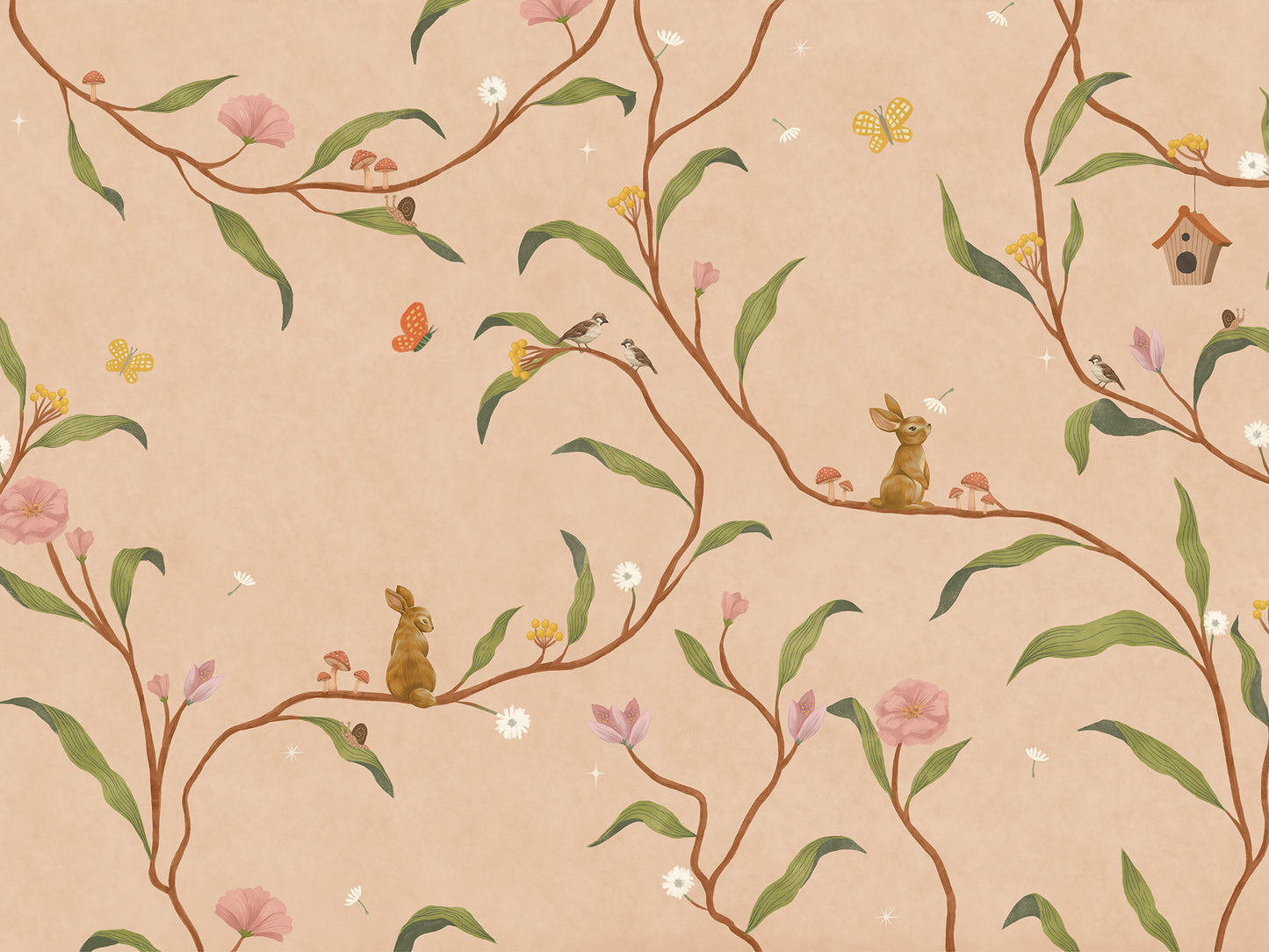 Warm neutral wallpaper of flowing branches with tiny rabbits, blossoms and birdhouses, from the Little Tails Collection by Urban Road.