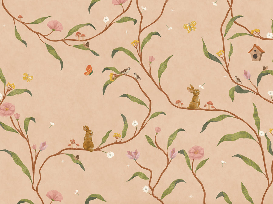 Warm neutral wallpaper of flowing branches with tiny rabbits, blossoms and birdhouses, from the Little Tails Collection by Urban Road.