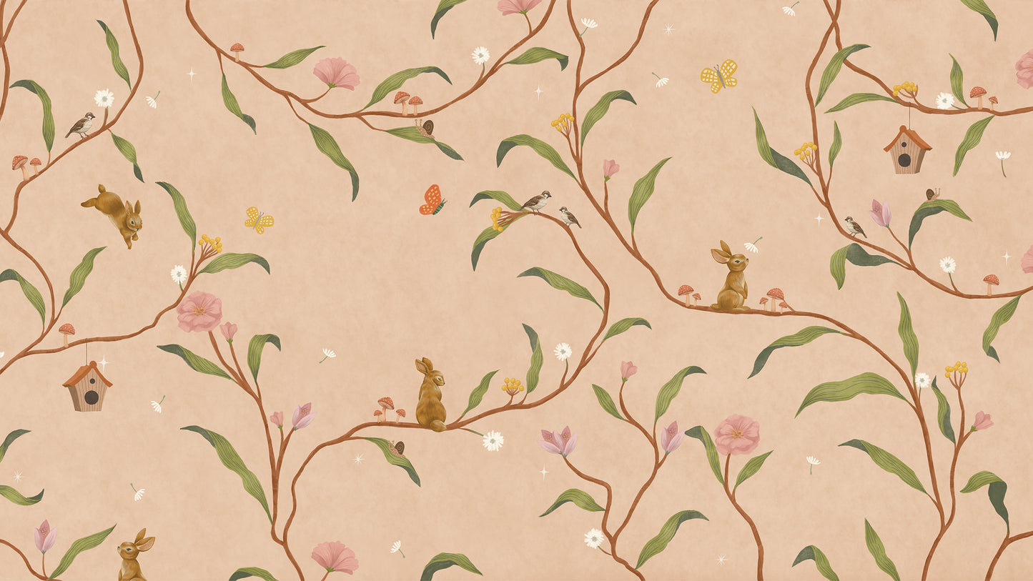 Warm neutral wallpaper of flowing branches with tiny rabbits, blossoms and birdhouses, from the Little Tails Collection by Urban Road.