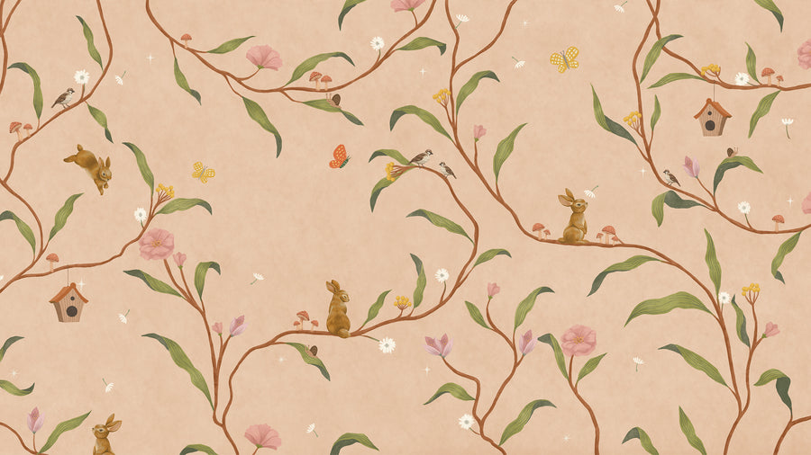 Warm neutral wallpaper of flowing branches with tiny rabbits, blossoms and birdhouses, from the Little Tails Collection by Urban Road.