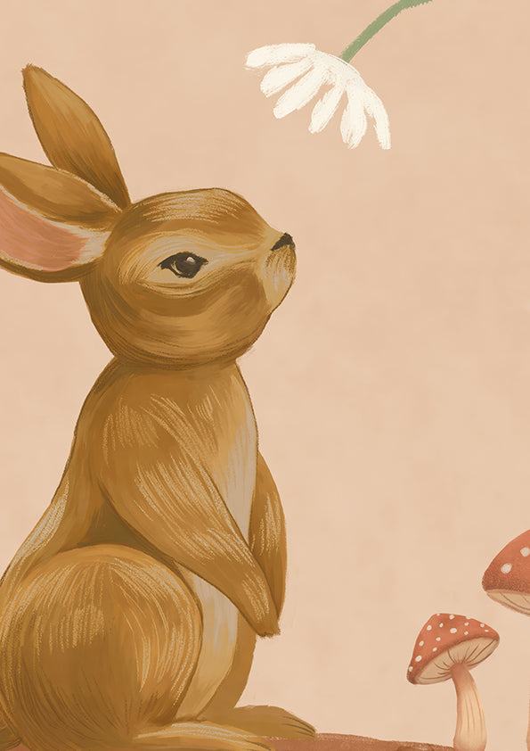 Warm neutral wallpaper of flowing branches with tiny rabbits, blossoms and birdhouses, from the Little Tails Collection by Urban Road.