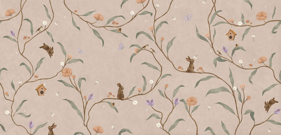 Taupe wallpaper of trailing branches with tiny rabbits, blossoms and birdhouses, from the Little Tails Collection by Urban Road.