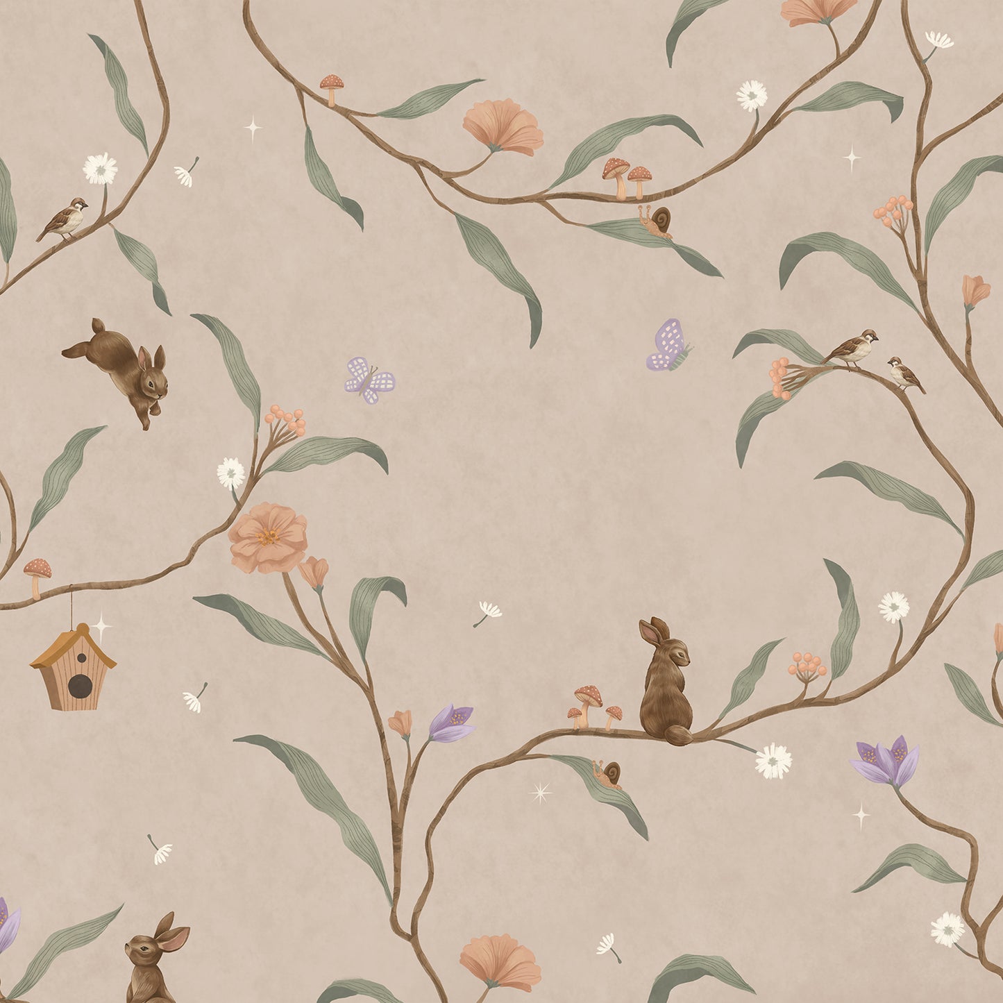 Taupe wallpaper of trailing branches with tiny rabbits, blossoms and birdhouses, from the Little Tails Collection by Urban Road.