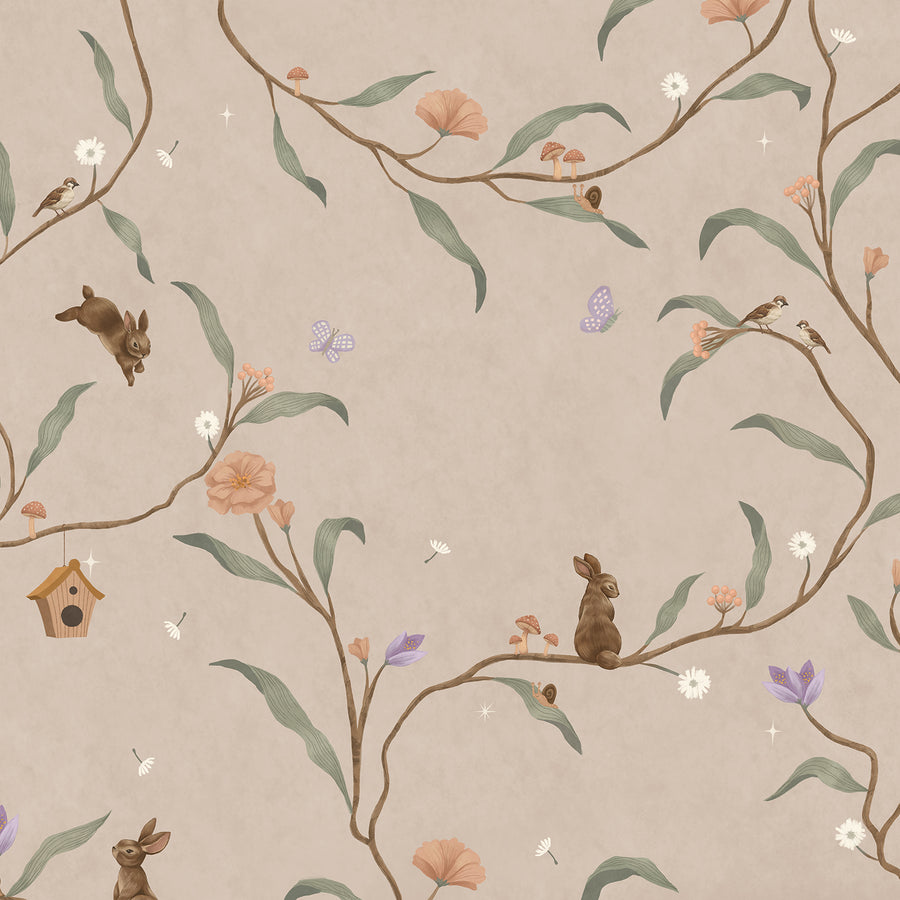 Taupe wallpaper of trailing branches with tiny rabbits, blossoms and birdhouses, from the Little Tails Collection by Urban Road.