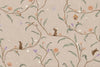 Taupe wallpaper of trailing branches with tiny rabbits, blossoms and birdhouses, from the Little Tails Collection by Urban Road.