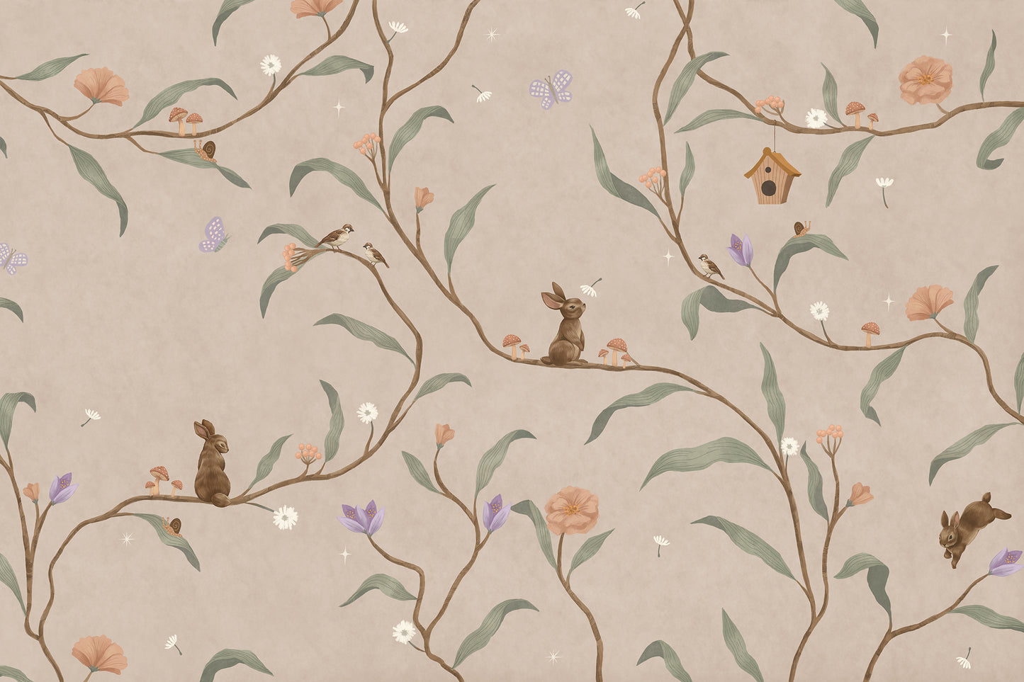 Taupe wallpaper of trailing branches with tiny rabbits, blossoms and birdhouses, from the Little Tails Collection by Urban Road.
