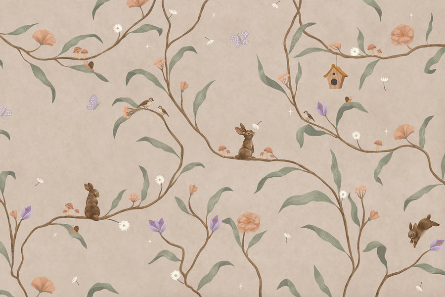 Taupe wallpaper of trailing branches with tiny rabbits, blossoms and birdhouses, from the Little Tails Collection by Urban Road.