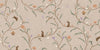 Taupe wallpaper of trailing branches with tiny rabbits, blossoms and birdhouses, from the Little Tails Collection by Urban Road.