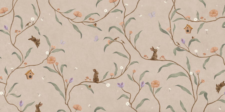 Taupe wallpaper of trailing branches with tiny rabbits, blossoms and birdhouses, from the Little Tails Collection by Urban Road.