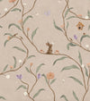 Taupe wallpaper of trailing branches with tiny rabbits, blossoms and birdhouses, from the Little Tails Collection by Urban Road.
