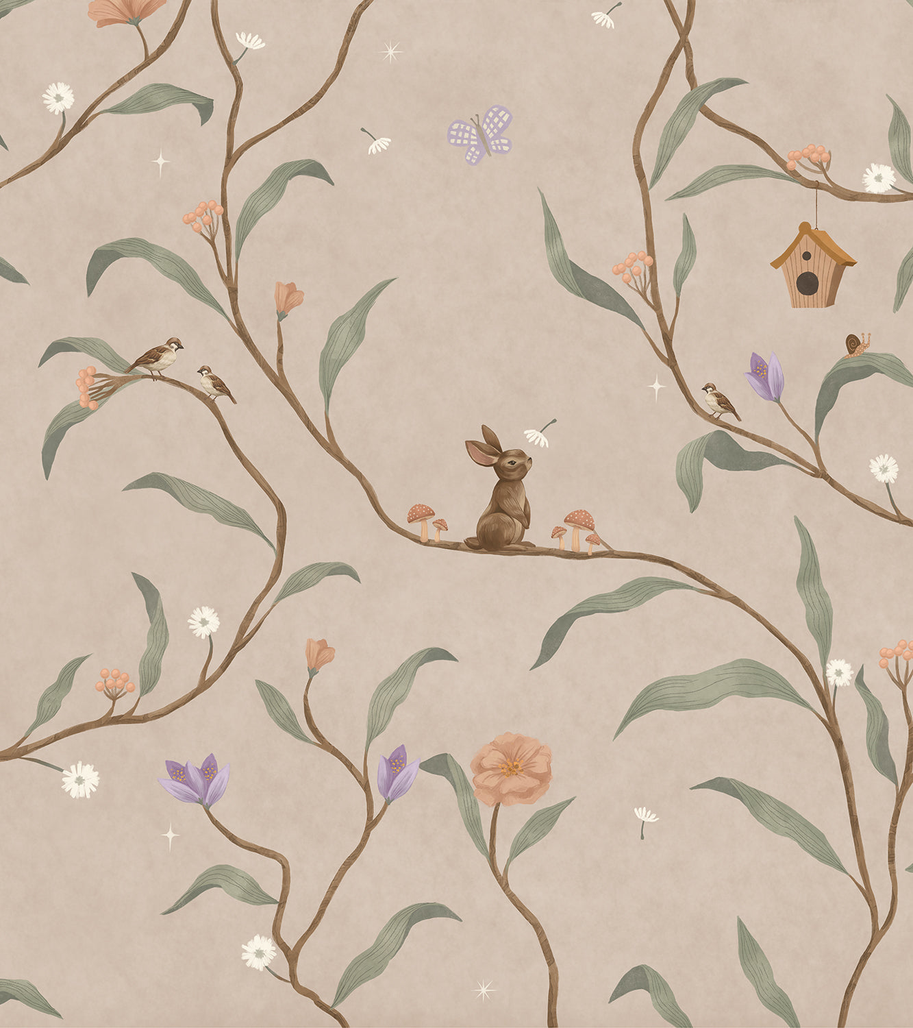 Taupe wallpaper of trailing branches with tiny rabbits, blossoms and birdhouses, from the Little Tails Collection by Urban Road.