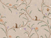 Taupe wallpaper of trailing branches with tiny rabbits, blossoms and birdhouses, from the Little Tails Collection by Urban Road.