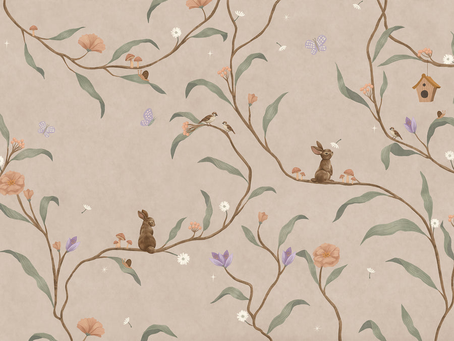 Taupe wallpaper of trailing branches with tiny rabbits, blossoms and birdhouses, from the Little Tails Collection by Urban Road.