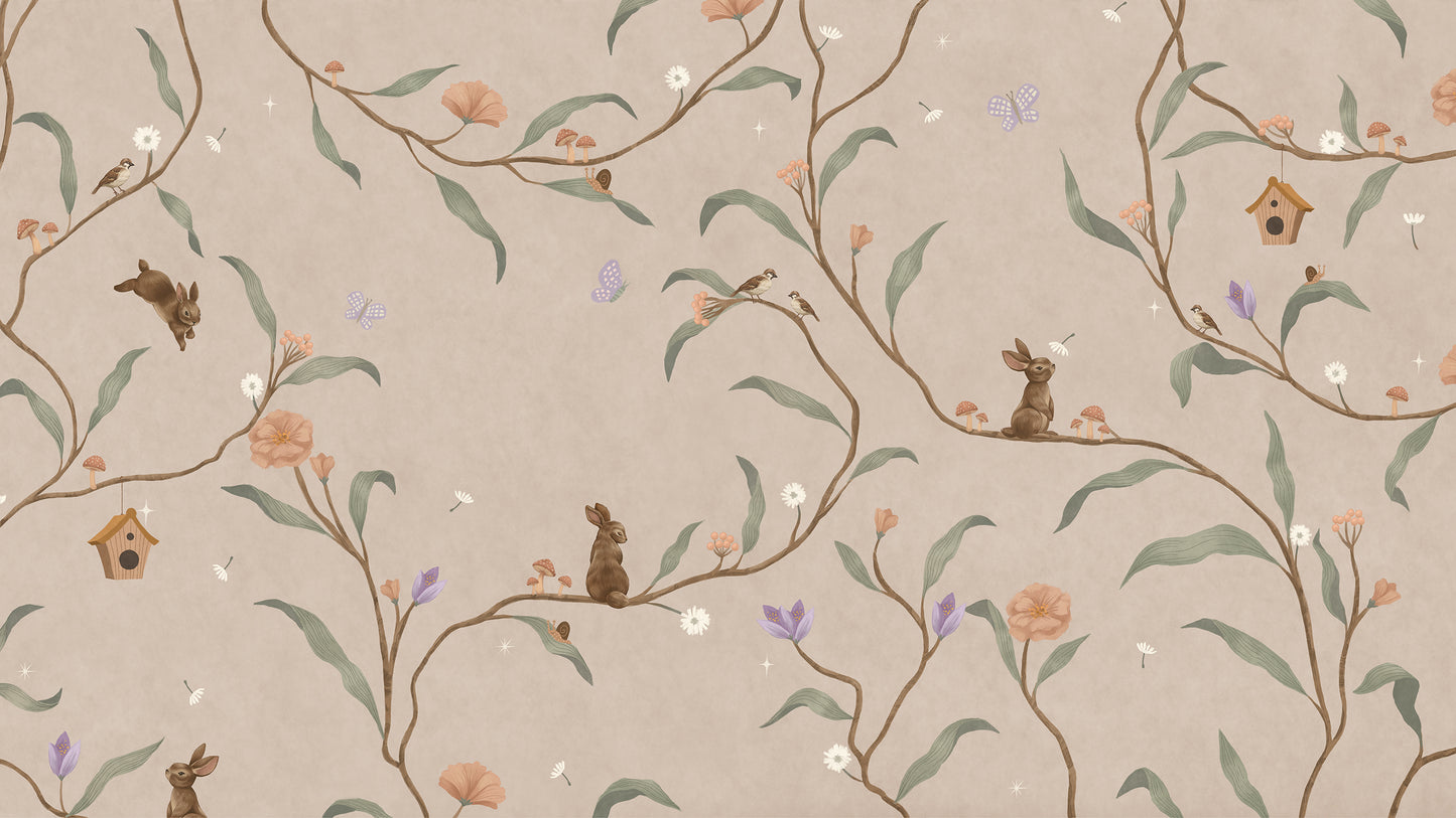 Taupe wallpaper of trailing branches with tiny rabbits, blossoms and birdhouses, from the Little Tails Collection by Urban Road.