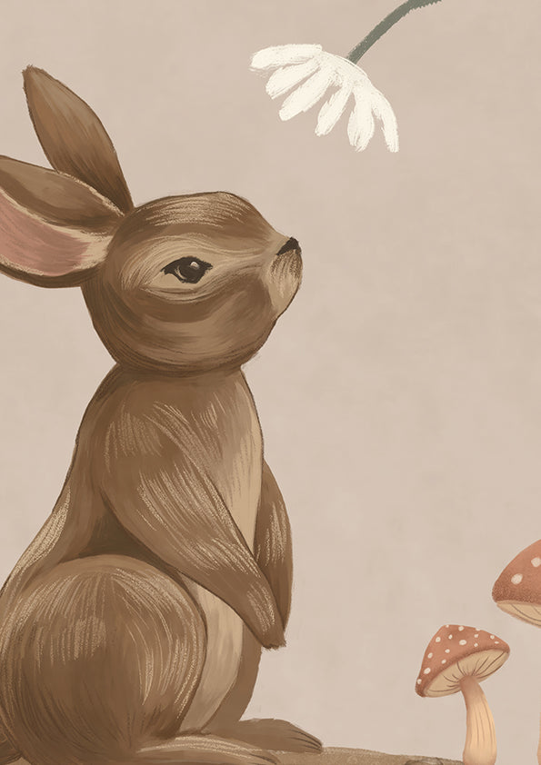 Taupe wallpaper of trailing branches with tiny rabbits, blossoms and birdhouses, from the Little Tails Collection by Urban Road.