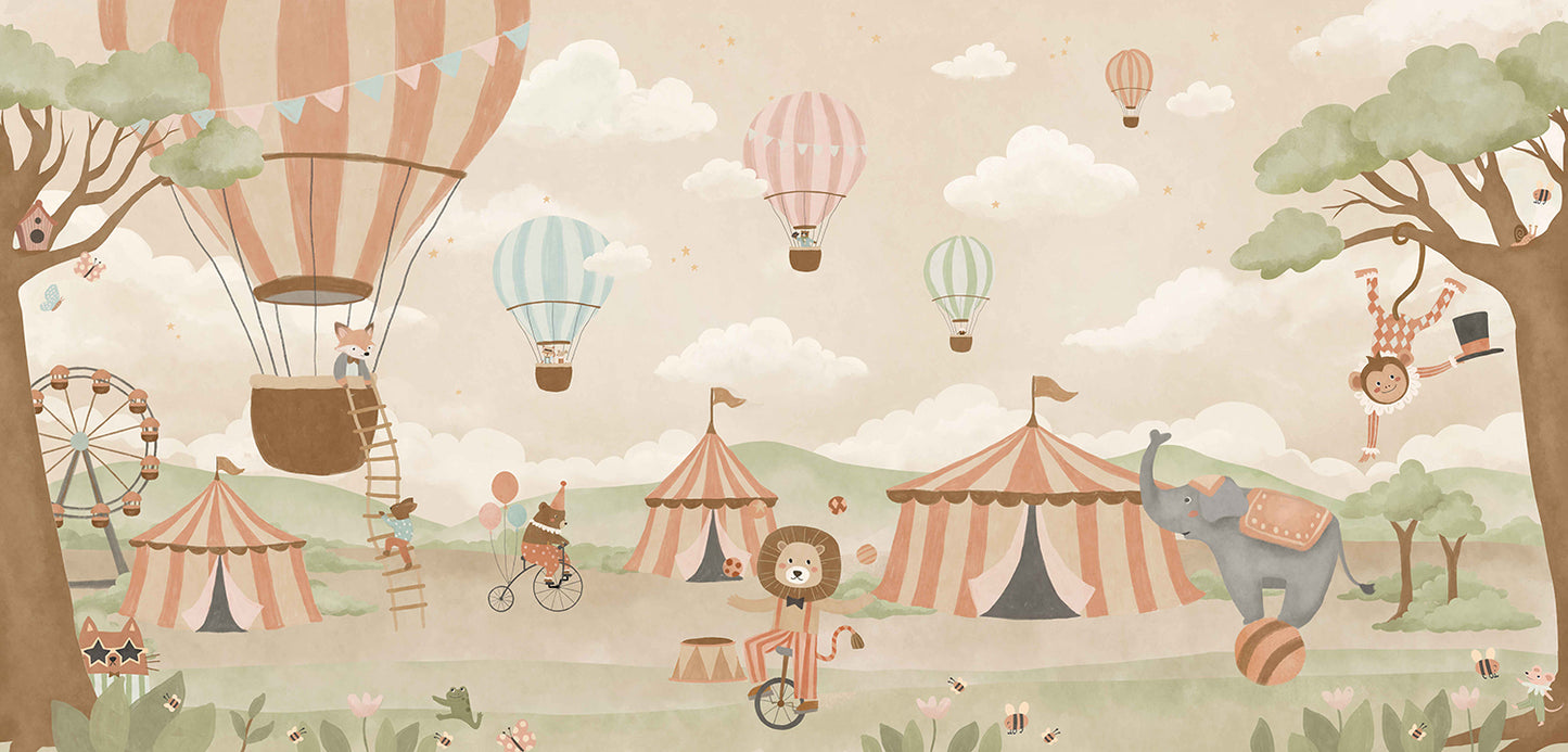 Pastel circus fair with hot air balloons, striped tents and playful animal performers, from the Little Tails Collection by Urban Road.