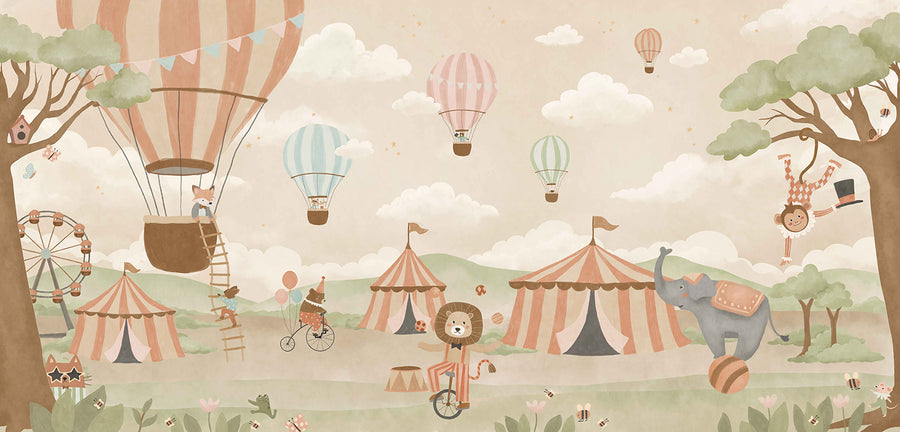 Pastel circus fair with hot air balloons, striped tents and playful animal performers, from the Little Tails Collection by Urban Road.