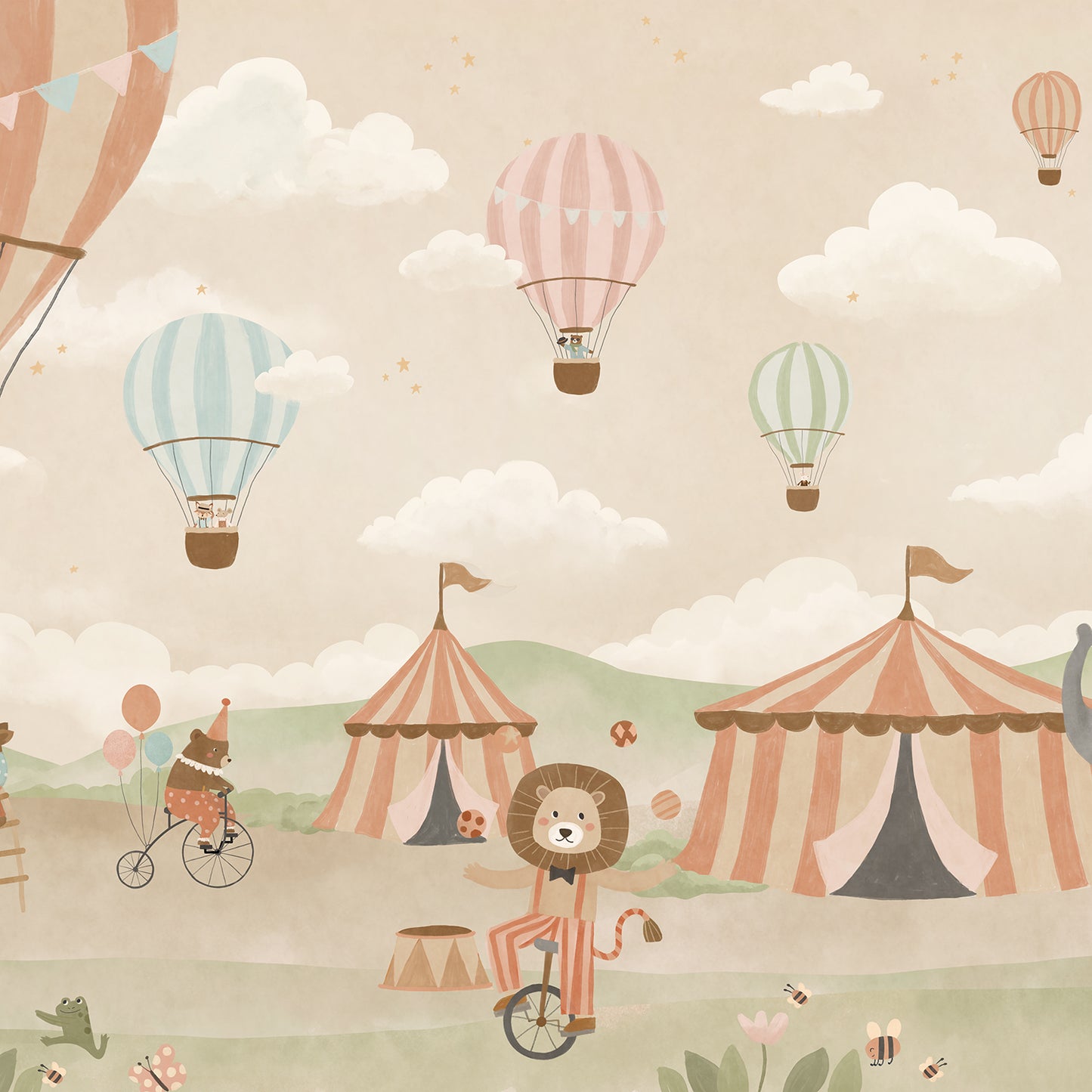 Pastel circus fair with hot air balloons, striped tents and playful animal performers, from the Little Tails Collection by Urban Road.