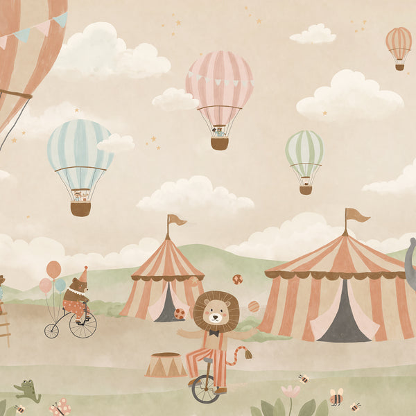 Pastel circus fair with hot air balloons, striped tents and playful animal performers, from the Little Tails Collection by Urban Road.