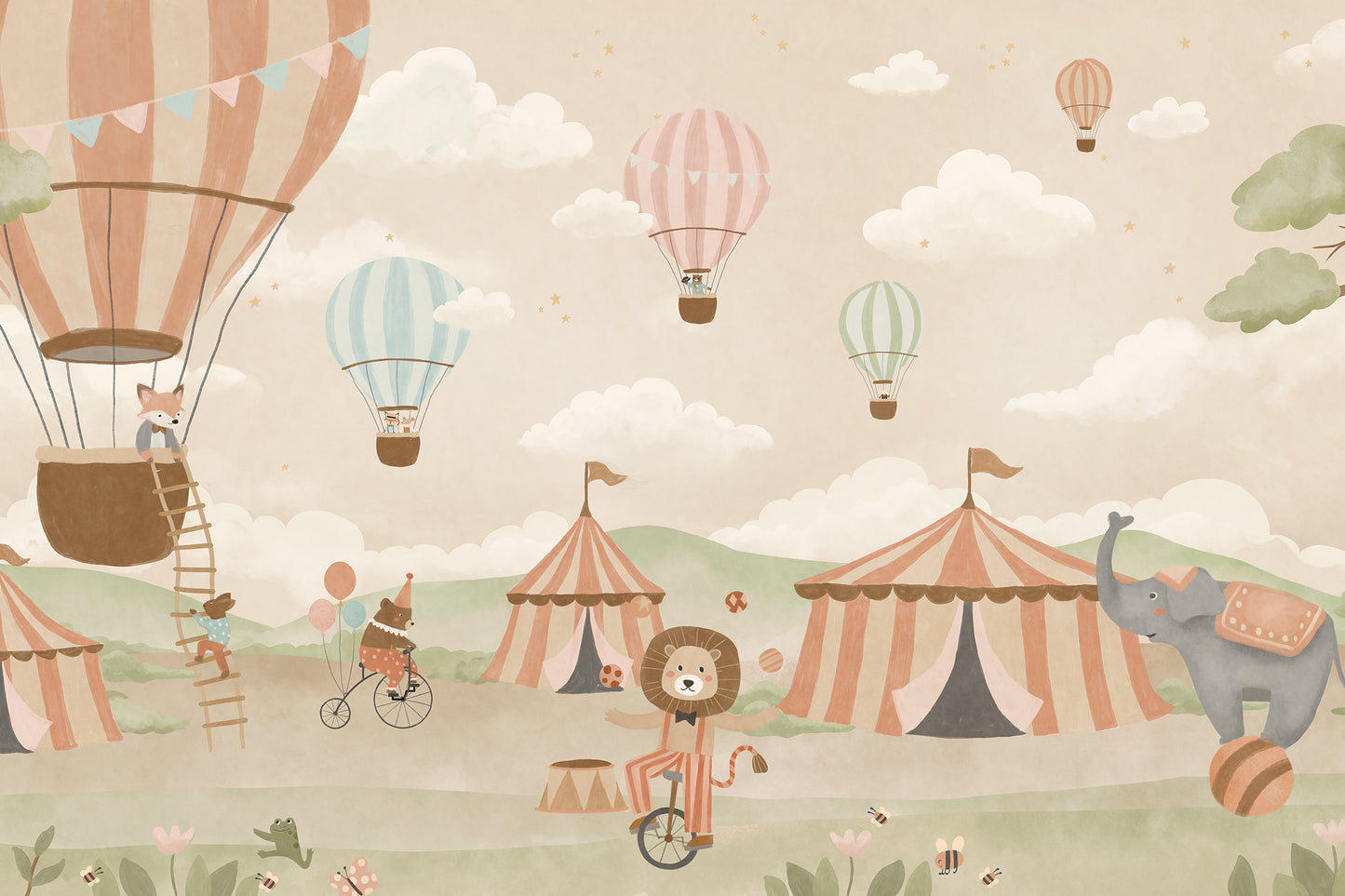 Pastel circus fair with hot air balloons, striped tents and playful animal performers, from the Little Tails Collection by Urban Road.