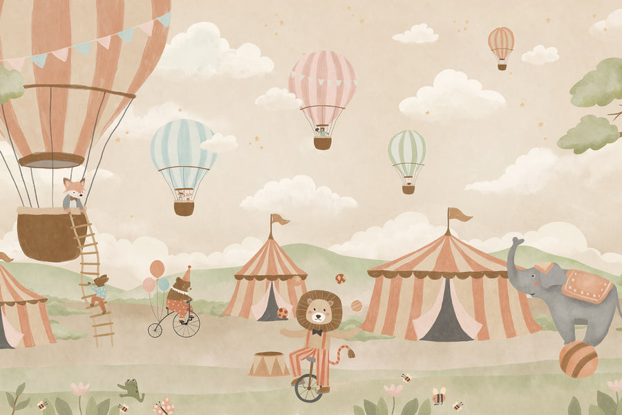 Pastel circus fair with hot air balloons, striped tents and playful animal performers, from the Little Tails Collection by Urban Road.