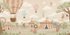 Pastel circus fair with hot air balloons, striped tents and playful animal performers, from the Little Tails Collection by Urban Road.