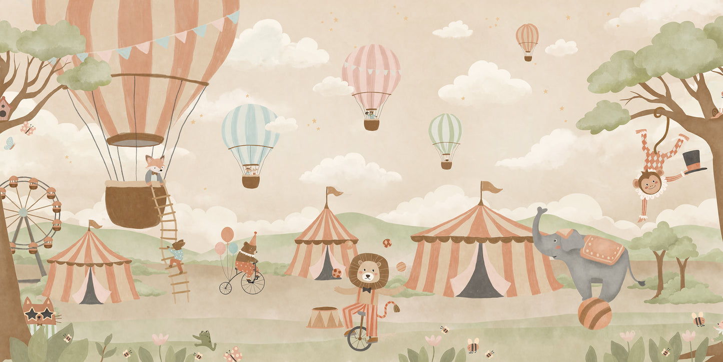 Pastel circus fair with hot air balloons, striped tents and playful animal performers, from the Little Tails Collection by Urban Road.