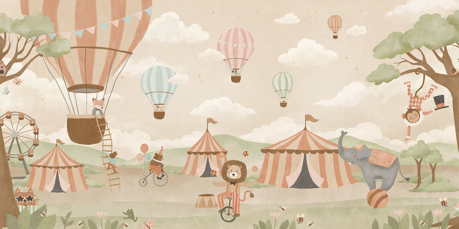 Pastel circus fair with hot air balloons, striped tents and playful animal performers, from the Little Tails Collection by Urban Road.