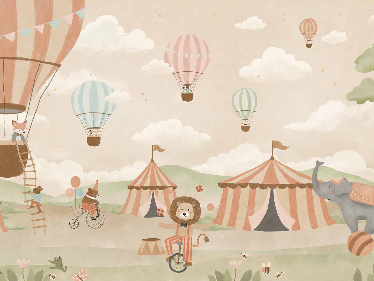 Pastel circus fair with hot air balloons, striped tents and playful animal performers, from the Little Tails Collection by Urban Road.
