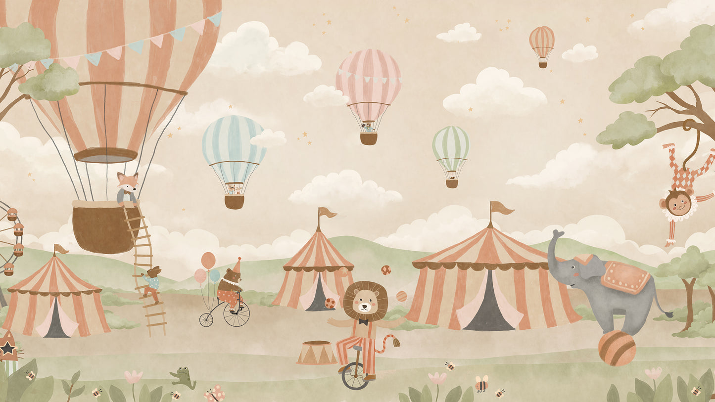 Pastel circus fair with hot air balloons, striped tents and playful animal performers, from the Little Tails Collection by Urban Road.
