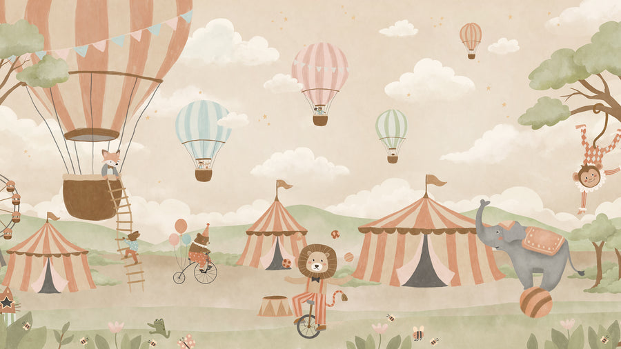 Pastel circus fair with hot air balloons, striped tents and playful animal performers, from the Little Tails Collection by Urban Road.
