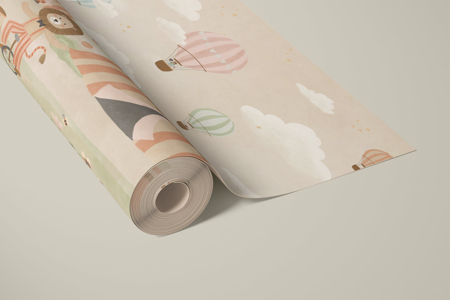 Pastel circus fair with hot air balloons, striped tents and playful animal performers, from the Little Tails Collection by Urban Road.