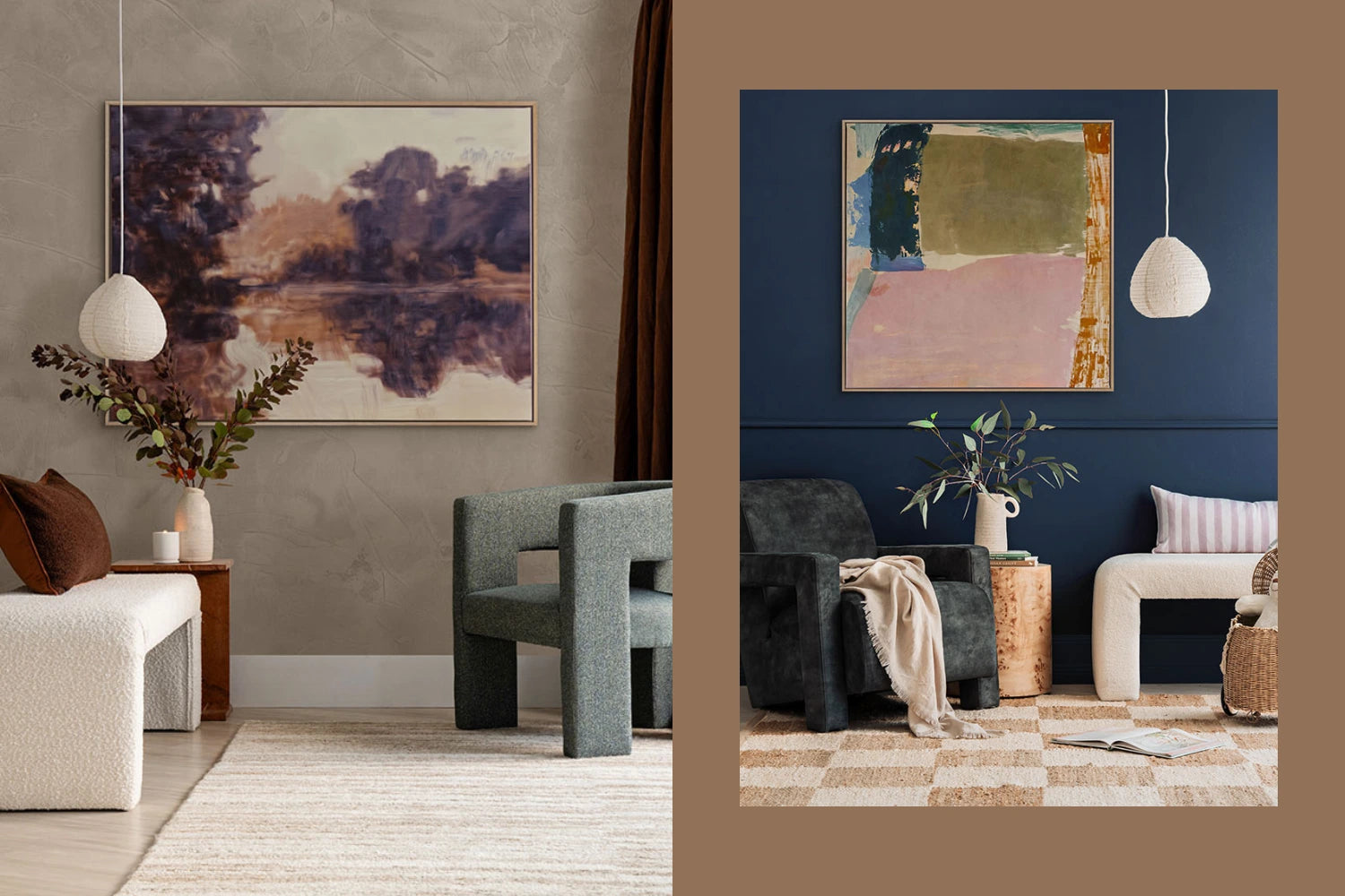 Side-by-side living rooms; one with a forest landscape, the other with abstract color blocks on dark blue walls.