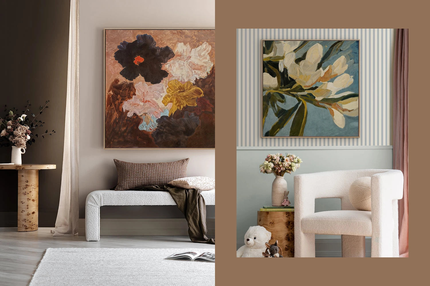 Split room view with bold abstract floral artwork on one side, and a light space with floral painting and soft armchair on the other.