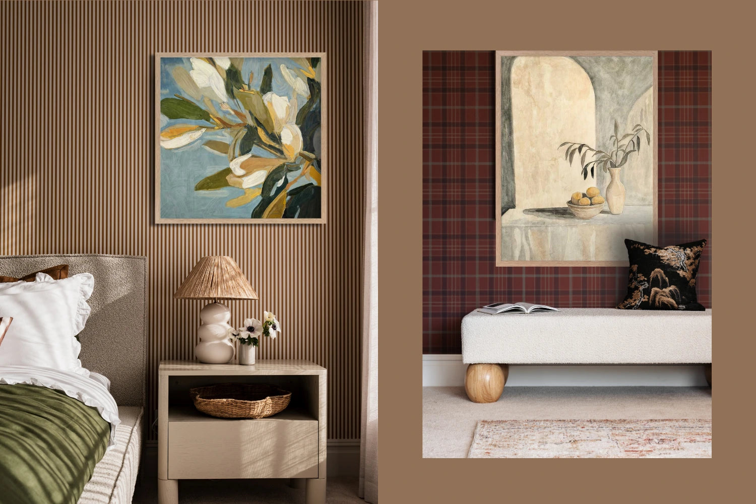 Two spaces featuring botanical and still life art, one with striped wallpaper, the other with red plaid wall.