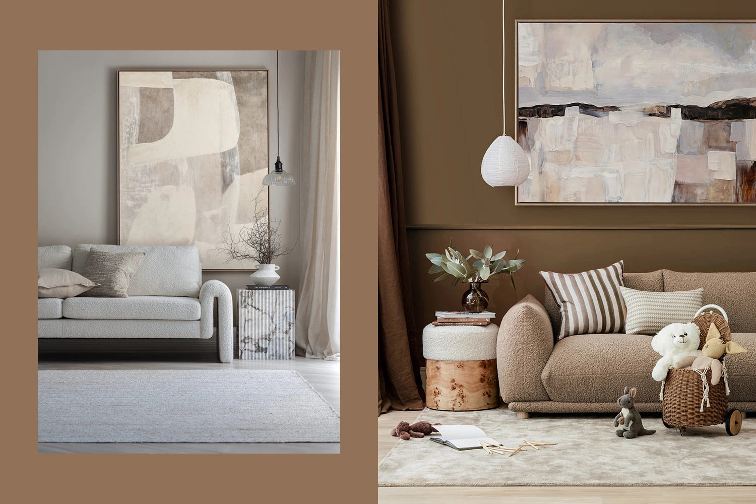 Soft, neutral living rooms with abstract wall art, textured fabrics, and cozy, plush seating arranged stylishly.